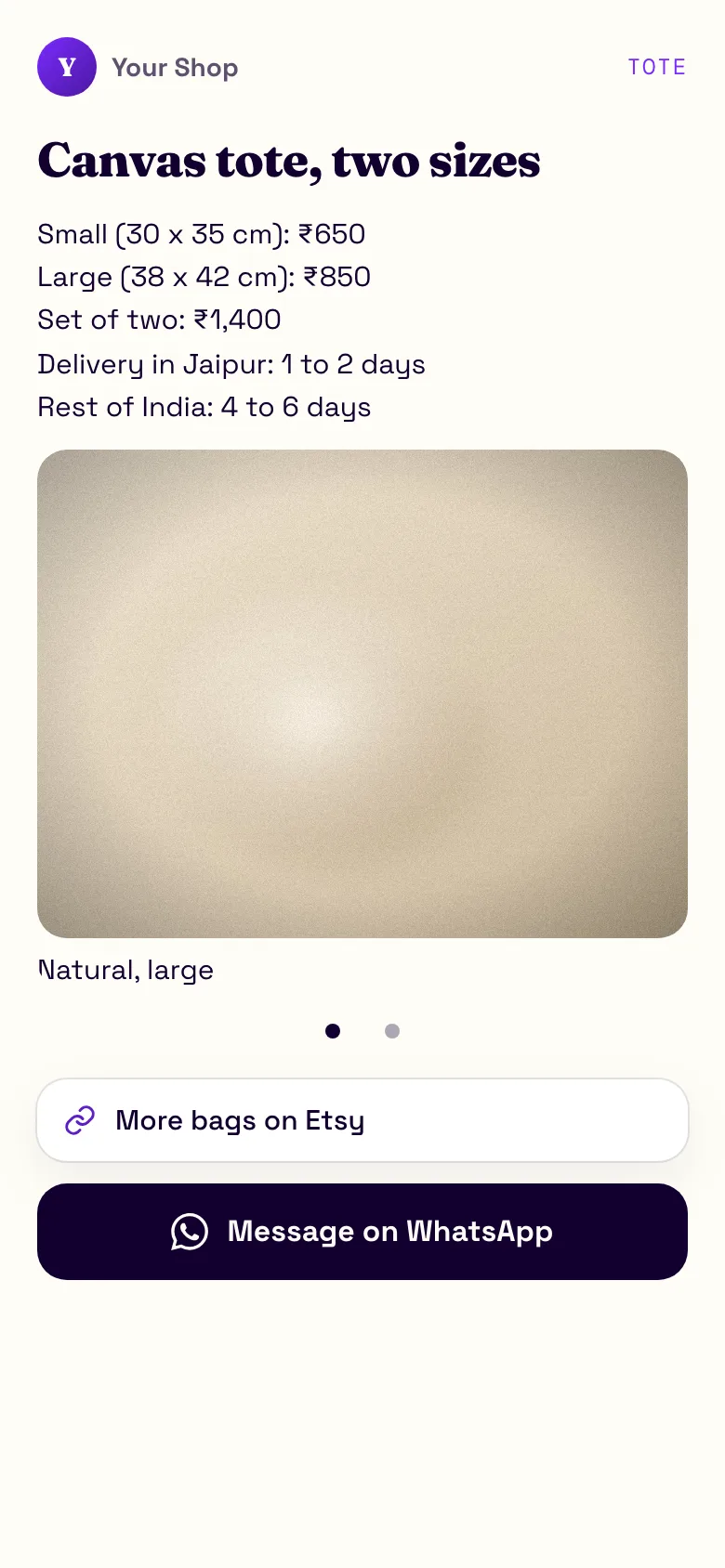 Phone screen of a product block: title, price list, photo carousel, a link and a Message on WhatsApp button