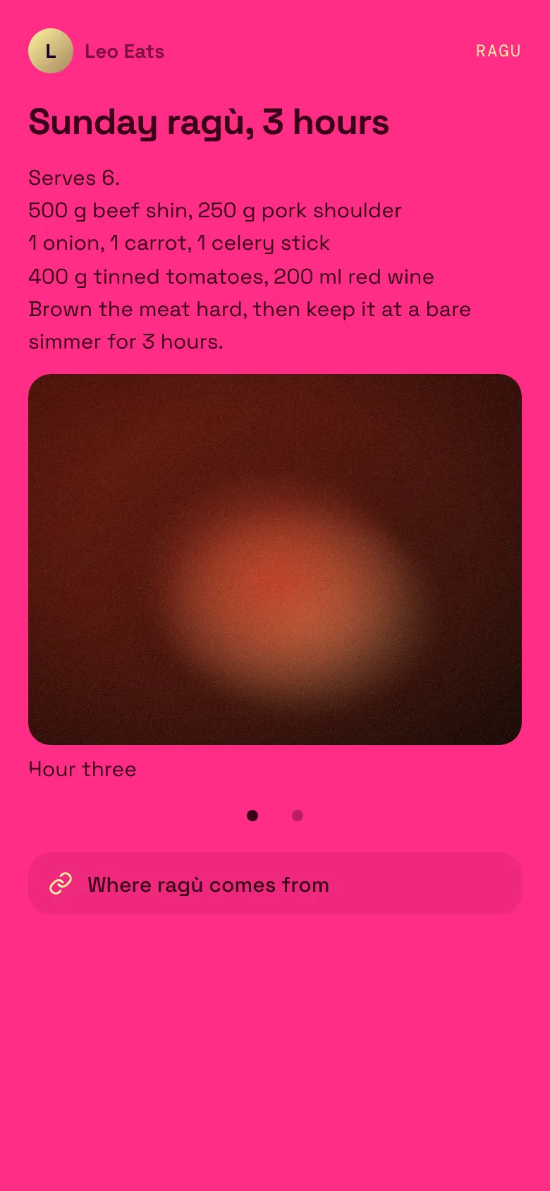 Recipe block titled Sunday ragù, 3 hours, with an ingredient list, an image carousel and one link