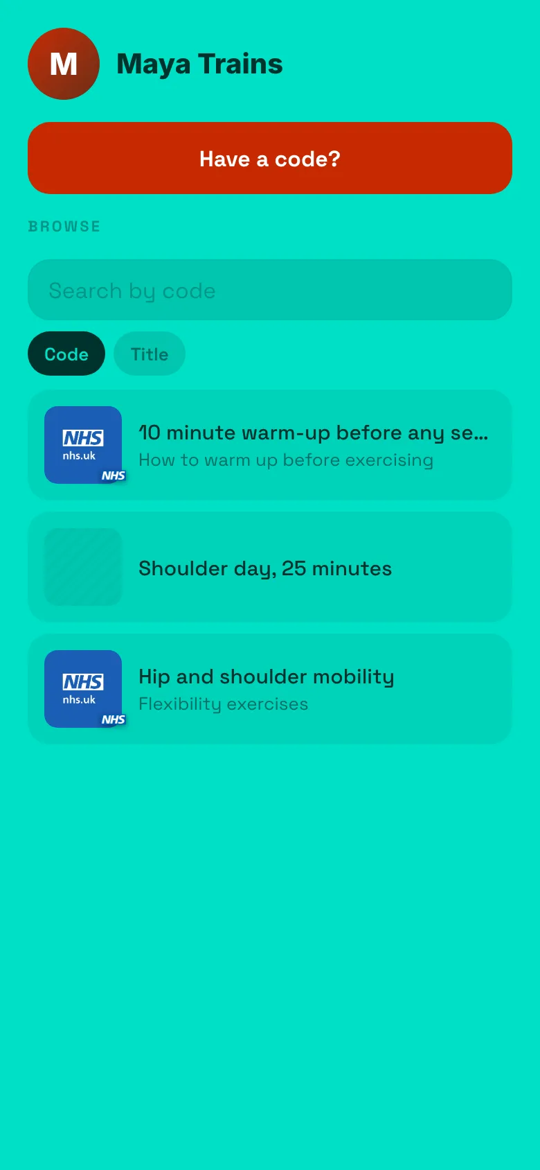inkink creator page with a Have a code button above a browse list of three workout codes