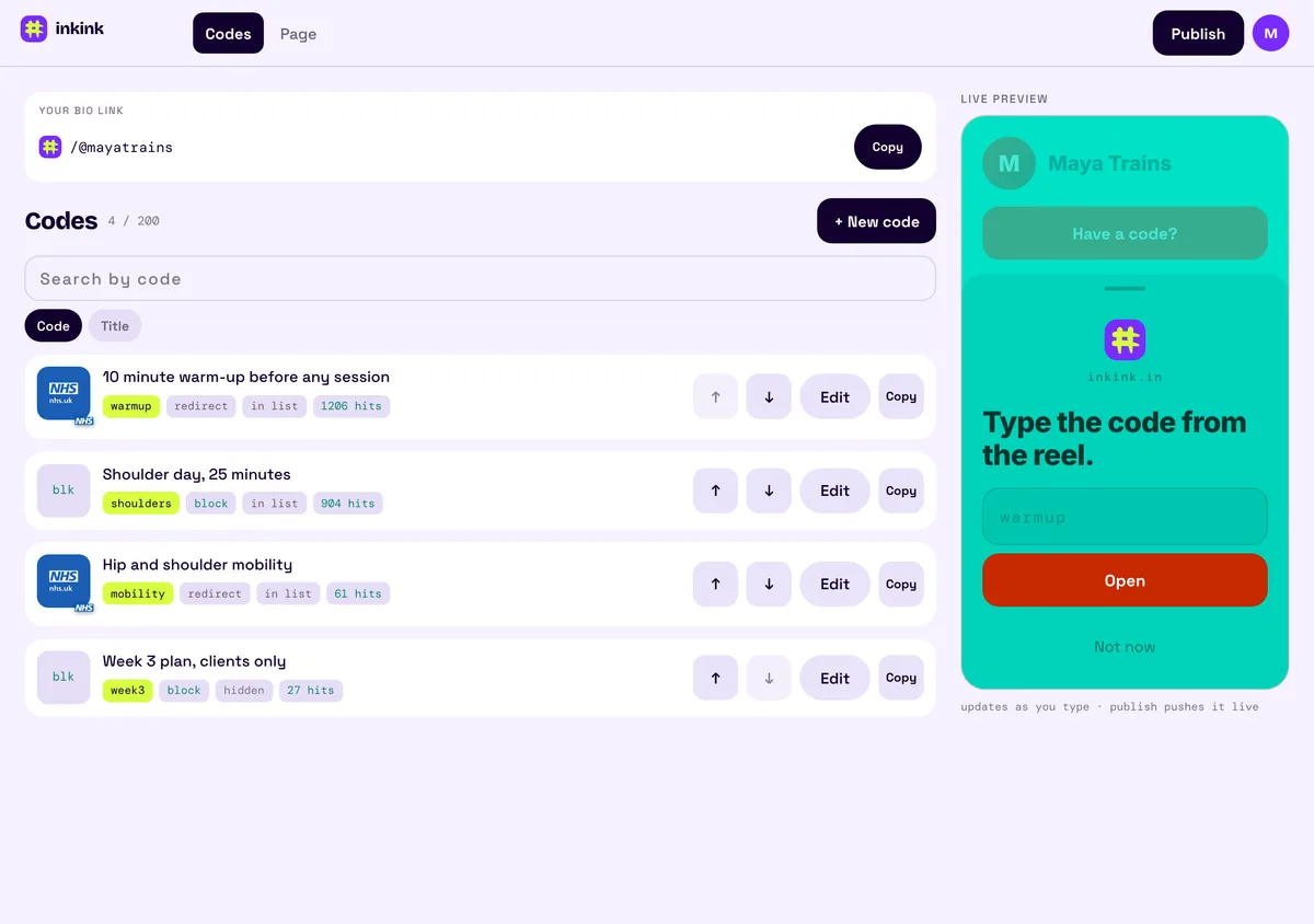 inkink editor Codes tab with four code cards, each showing its type, list status and hit count