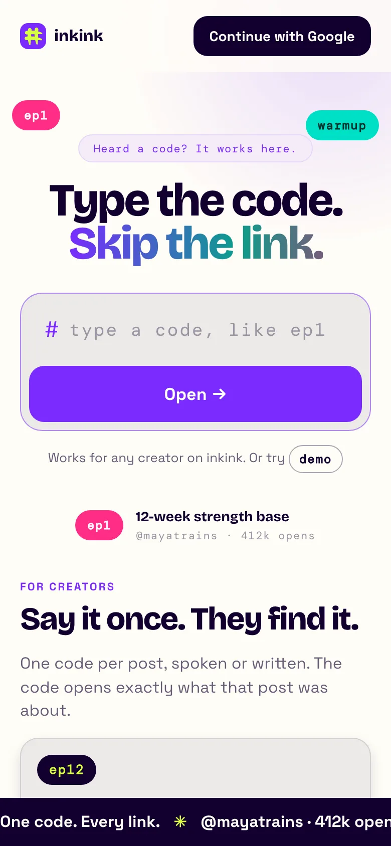 inkink home page with a code box set to # and the placeholder type a code, like ep1, above an Open button