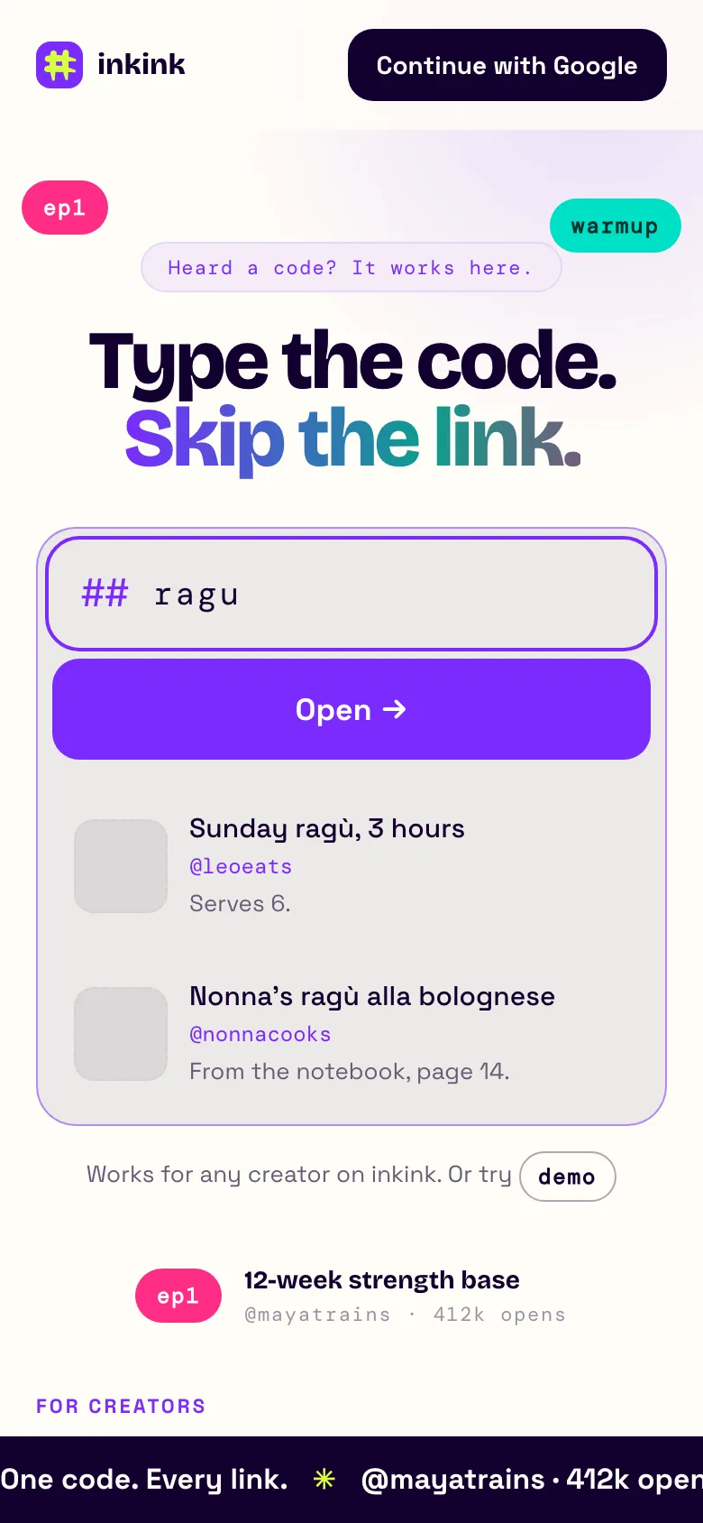inkink home with ## ragu in the code box and two results, from @leoeats and @nonnacooks